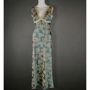 Allison + Kelly Dress Womens XS Blue Floral Satin Slip Maxi V Neck Lace Tie Back